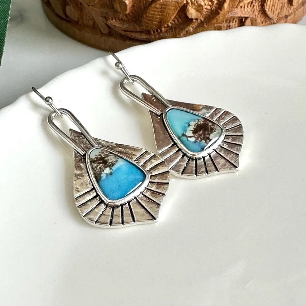 3/$22🩶 Silver Faux Turquoise Stone Earrings Teardrop Etched Southwestern NEW